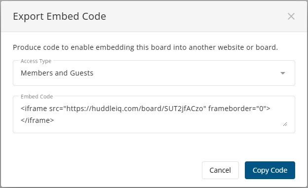 Export embed code dialog